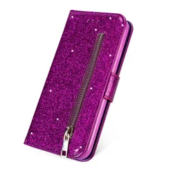 Bling Glitter Magnetic Flip Zipper Leather Wallet Case - Samsung Note 9 (Violet)