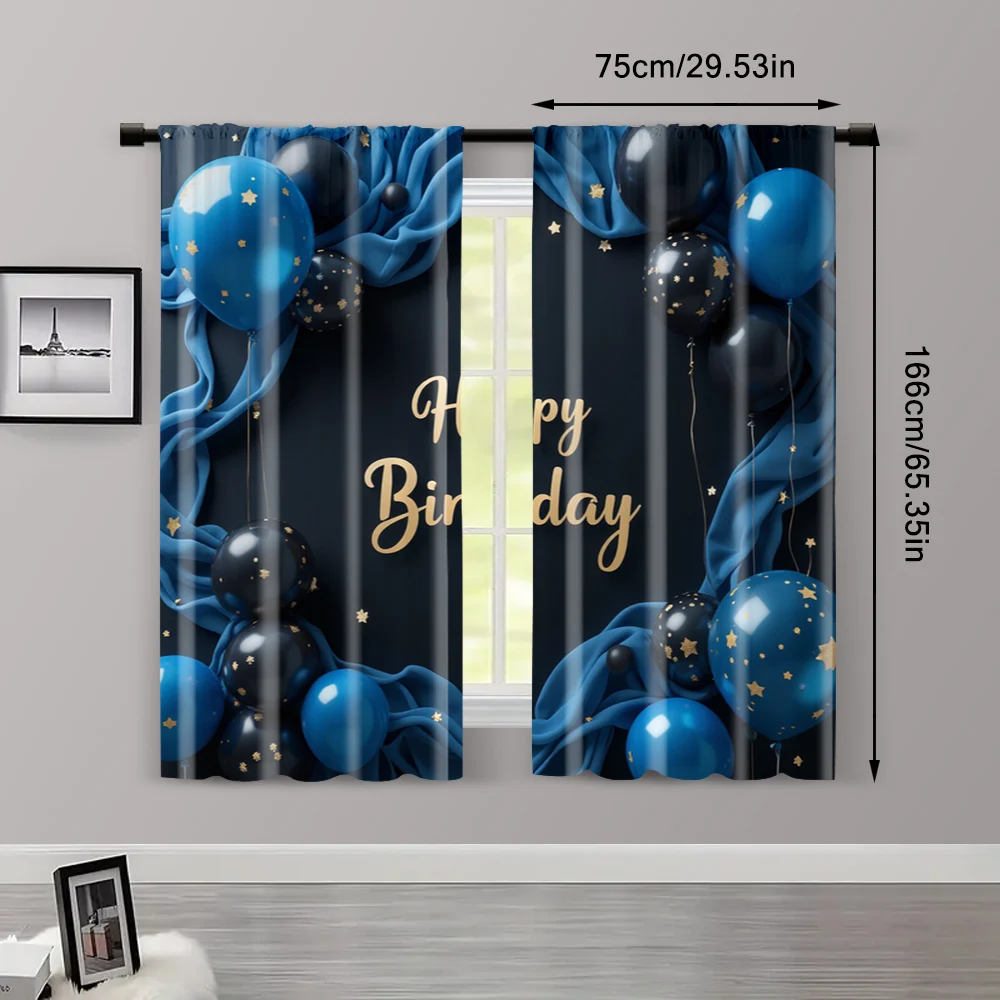 2pcs, Popular Curtains 2D print Happy Birthday Blue & Black Fabric (without rod) Decorations Clearance Perfect for Kitchen 3