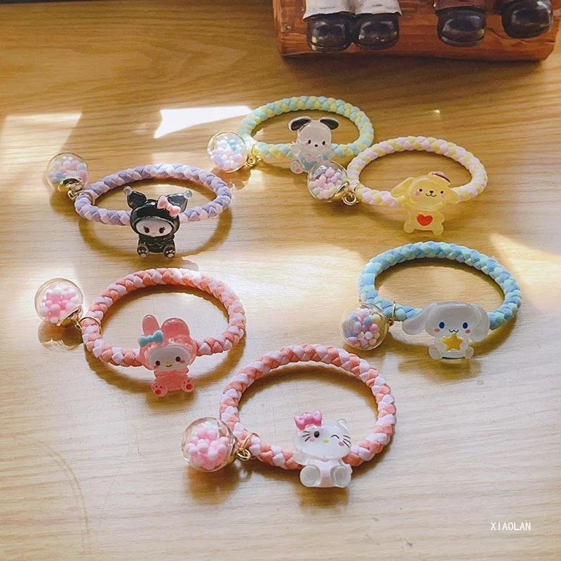 

11Pcs Anime Sanrio Figure Hair Rope Bracelet Hello Kitty Kuromi Cinnamoroll Kawaii Hair Accessories Elastic Rubber Hair Band