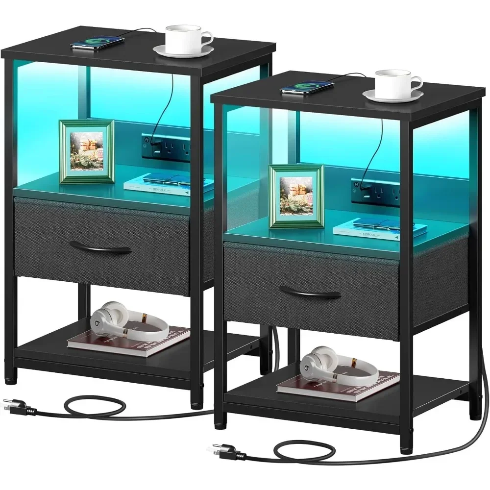 Nightstand Set of 2 LED Bedside Tables Charging Station Fabric Drawer Storage 3 Tier