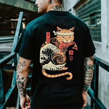 Cartoon Anime Samurai Cat Printed T Shirt For Men Outdoor Hip Hop Harajuku Vintage Clothes Casual O-neck Loose Short Sleeve Tees 3