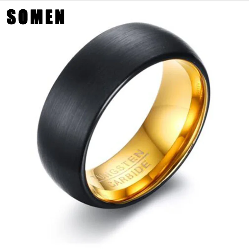 

Somen Ring Men 8mm Black Brushed Tungsten Ring Gold Inlay Classic Engagement Rings Wedding Band Anniversary Jewelry Bague Homme