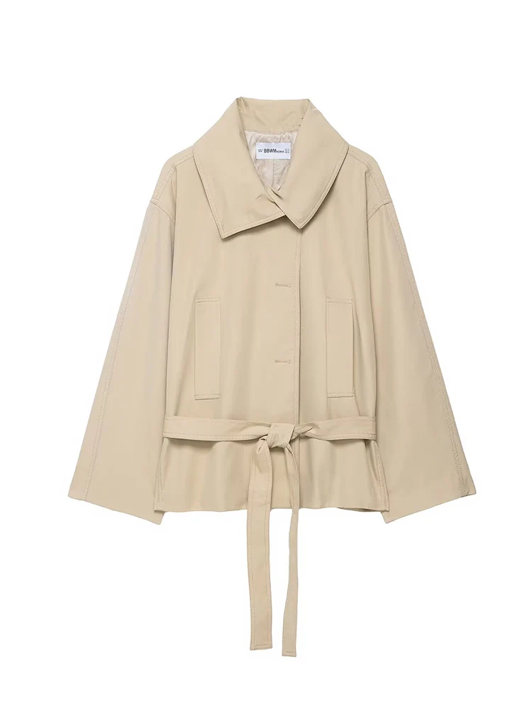 Women Lapel Belt Trench Coat Fashion Waist Cinching Long Sleeve Short Windbreaker Casual Autumn Lady Loose Commuter Outwear