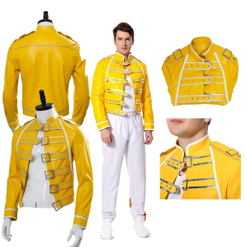 

Queen Freddie Cos Mercury Cosplay Costume Adult Men Yellow Jacket Coat Pants Outfits Halloween Carnival Party Disguise Suit