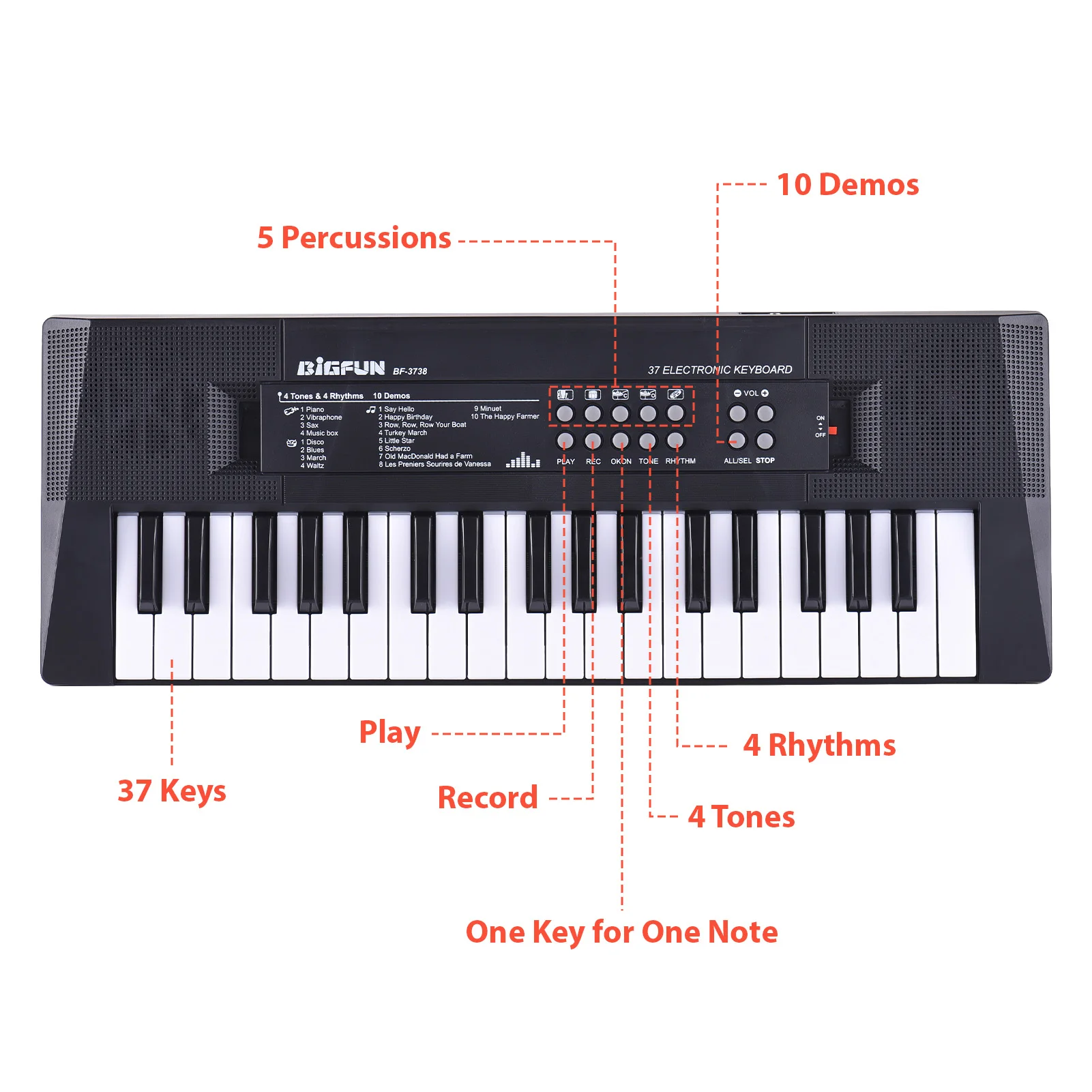 37 Key Electronic Keyboard Piano 4 Tones 4 Rhythms 10 Demos 5 Percussions Single Speaker Musical Instrument for Beginners