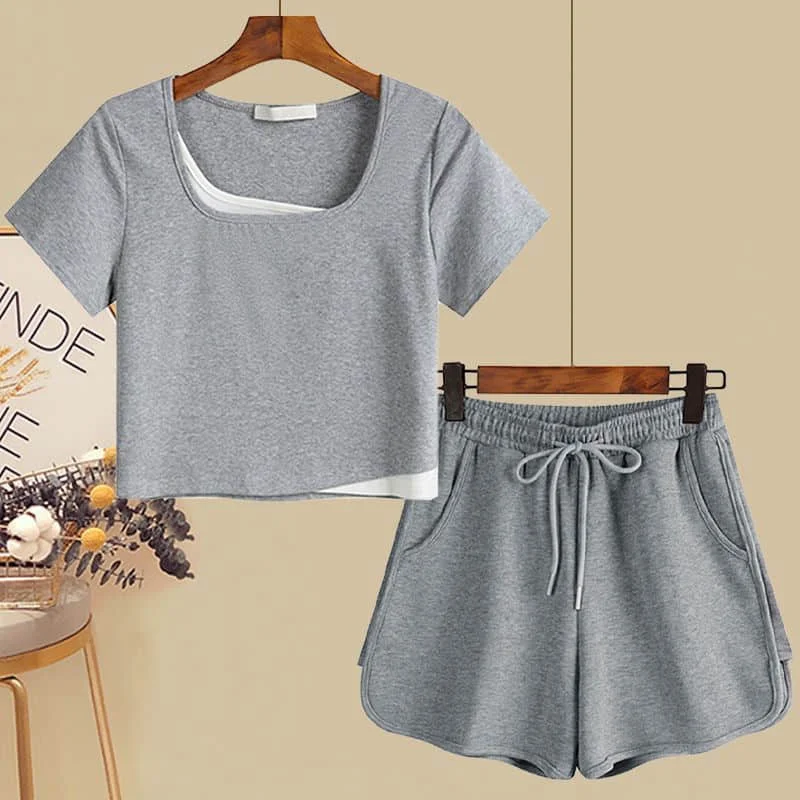 

Спортивные шорты, комплекты из двух предметов, футболка с коротким рукавом, повседневные короткие брюки, летние свободные комплекты из 2 предметов в Корейском стиле, женская одежда