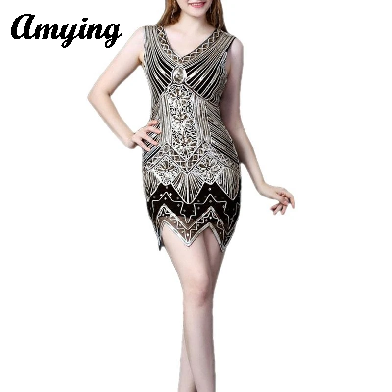 

Женское винтажное платье с блестками, танцевальное платье с двойным V-образным вырезом, женское банкетное платье, вечернее платье для выступлений