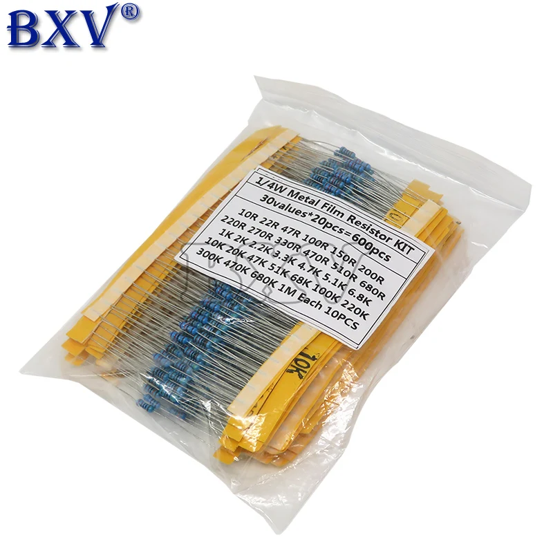 

600PCS 30 Kinds 1/4W Resistance 1% Metal Film Resistor Pack Assorted Kit 1K 10K 100K 220ohm 1M Resistors 300pcs/set