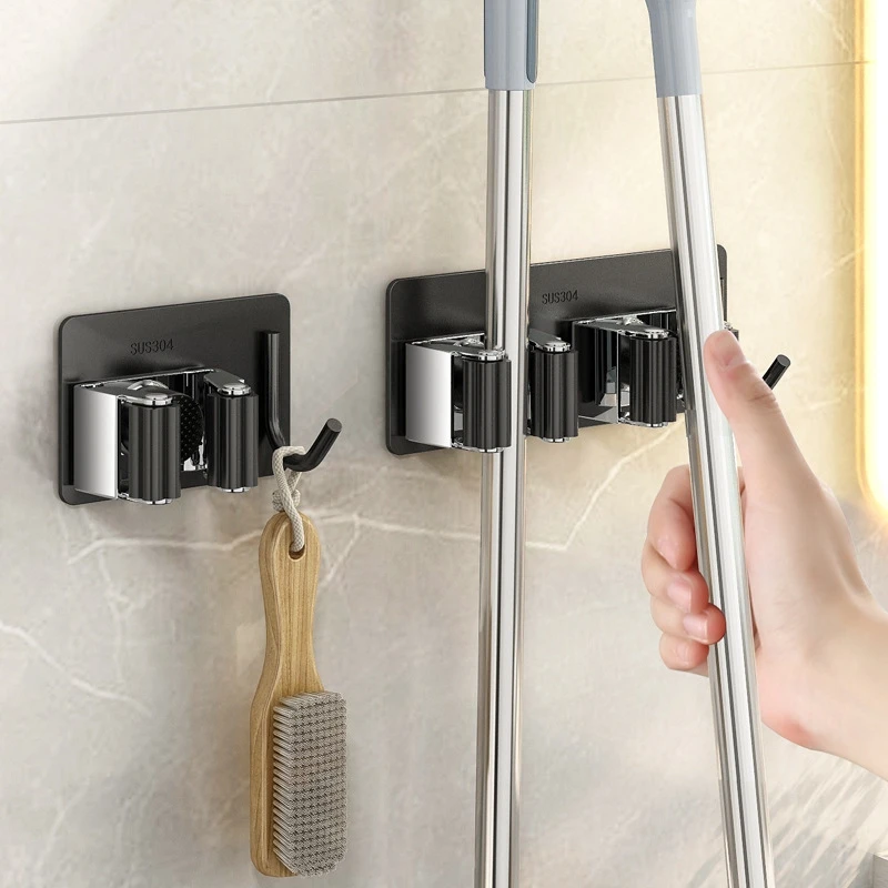 Bathroom Mop Holder Self-adhesive Wall Mounted Broom Stand Sweeping Brush Storage