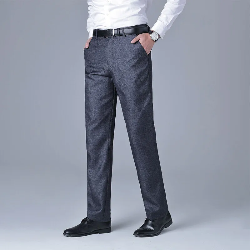 Business Casual Straight Trousers Men's Clothing Solid Color All-match Autumn Winter Commute Mid Waist Button Stylish Suit Pants