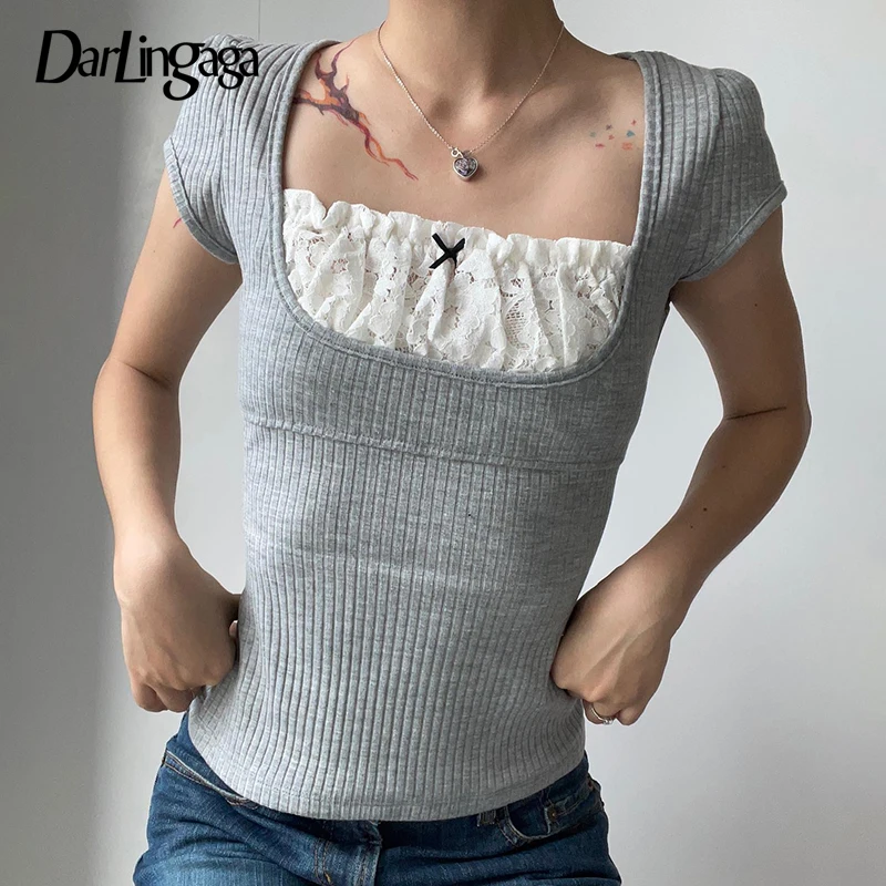 

Darlingaga Korean Fashion Lace Patched Knit Summer T-shirts Women Bow Square Neck Slim Top Tee Casual Sweet Preppy Style Outfits