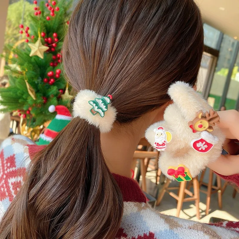 

Plush Hair Ties Kawaii Cute Christmas Hair Accessories Decoration For Women Girl Gift Xmas Holiday Jewelry Elastic Hair Bands