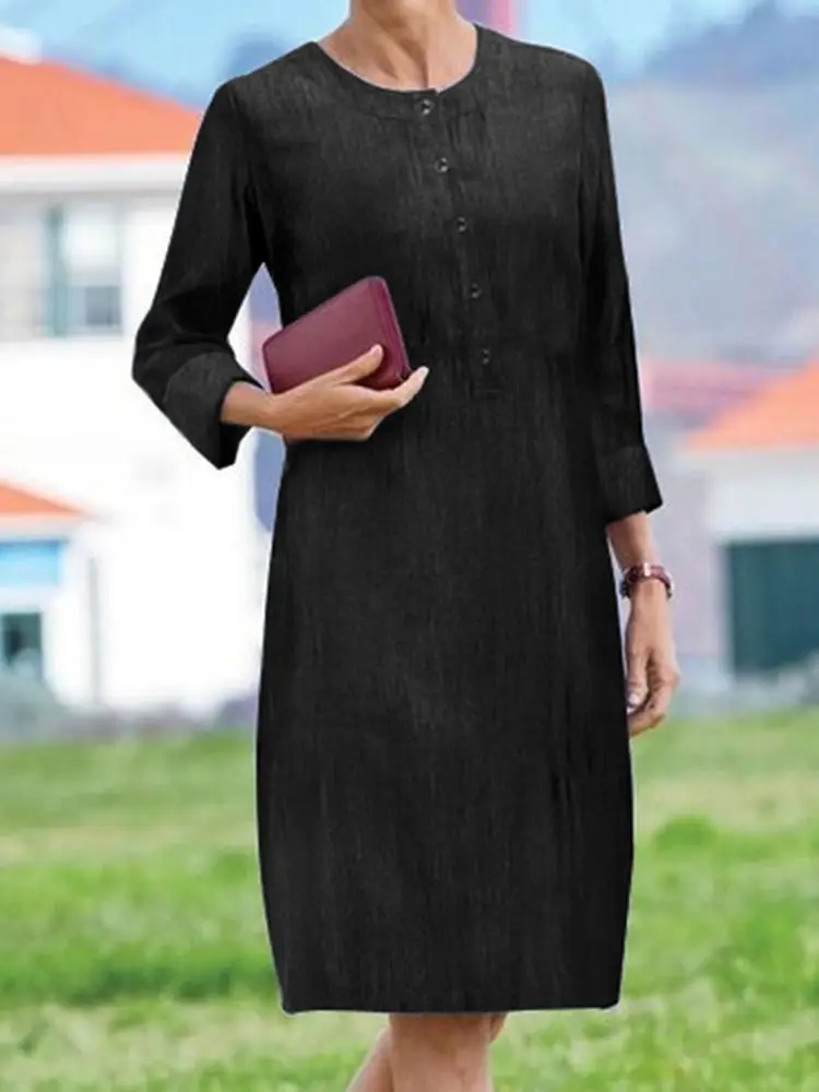 

ZANZEA Women Denim Long Dress Vintage Long Sleeve Vestido Causal Loose Crewneck Midi Dresses 2023 Autumn Buttons Solid OL Robes
