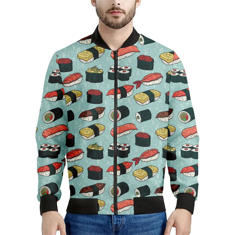 thumbnail image 1 of Chaqueta bomber con estampado 3D de rollos de sushi japoneses para hombres y mujeres, sudadera de gran tamaño, camisetas de primavera y otoño, chaquetas con cremallera de manga larga, 1 of 4