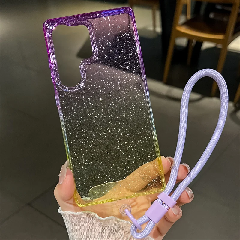 Transparent Gradient Glitter Bling Phone Case with Short Hand Rope Lanyard and Soft Cover