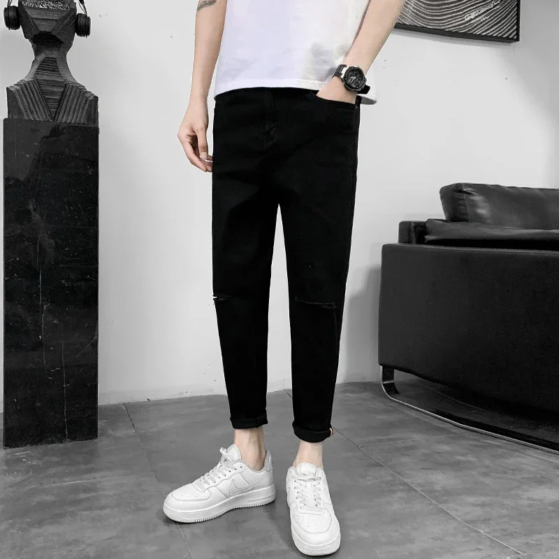 Spring New Male Knee Ripped Jeans Men's Straight Slim Small Feet Denim Trousers Streetwear Stretch Casual Pants
