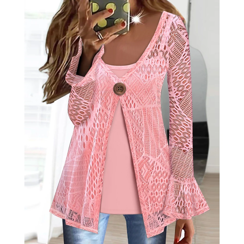 

Женский кружевной топ из двух частей, ажурный топ с рукавами-колокольчиками и V-образным вырезом, элегантный офисный наряд Traf, новинка 2023