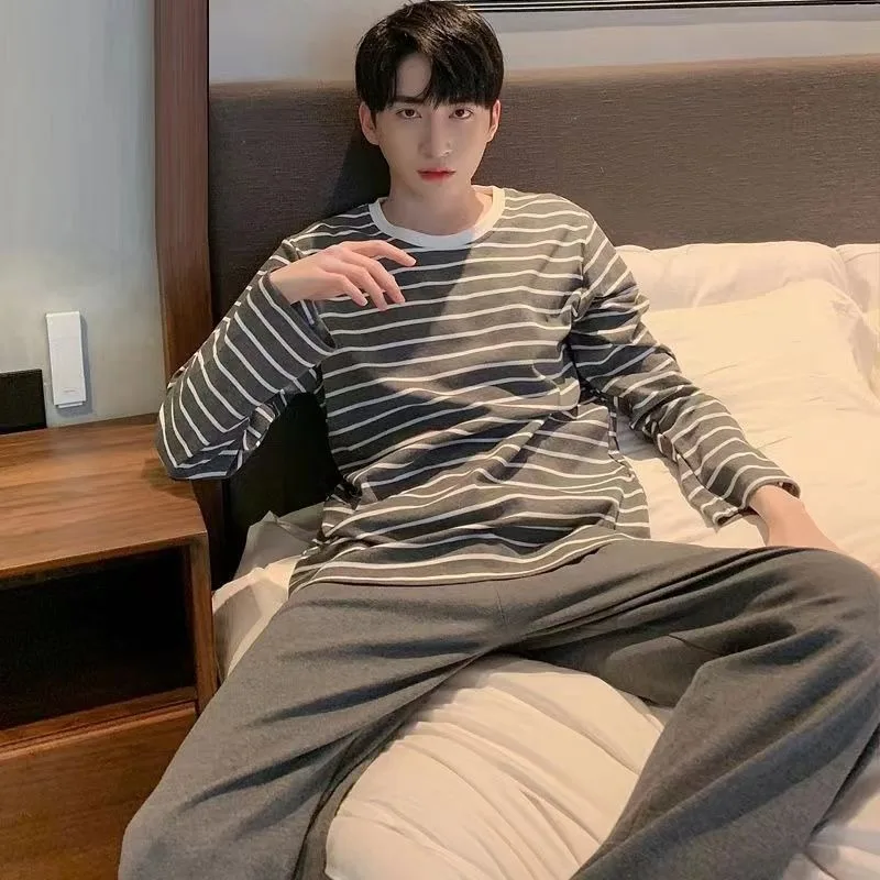 

100% Cotton Pajamas Men's Long Sleeve Spring and Autumn Youth Casual Two-piece Student Loose Plus Size Pajamas pajama set