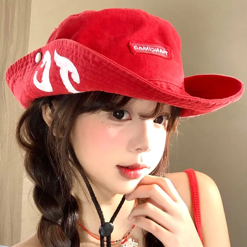 Retro Red Big Brim Letter Printed Bucket Hats for Women Summer Outdoor Hiking S…