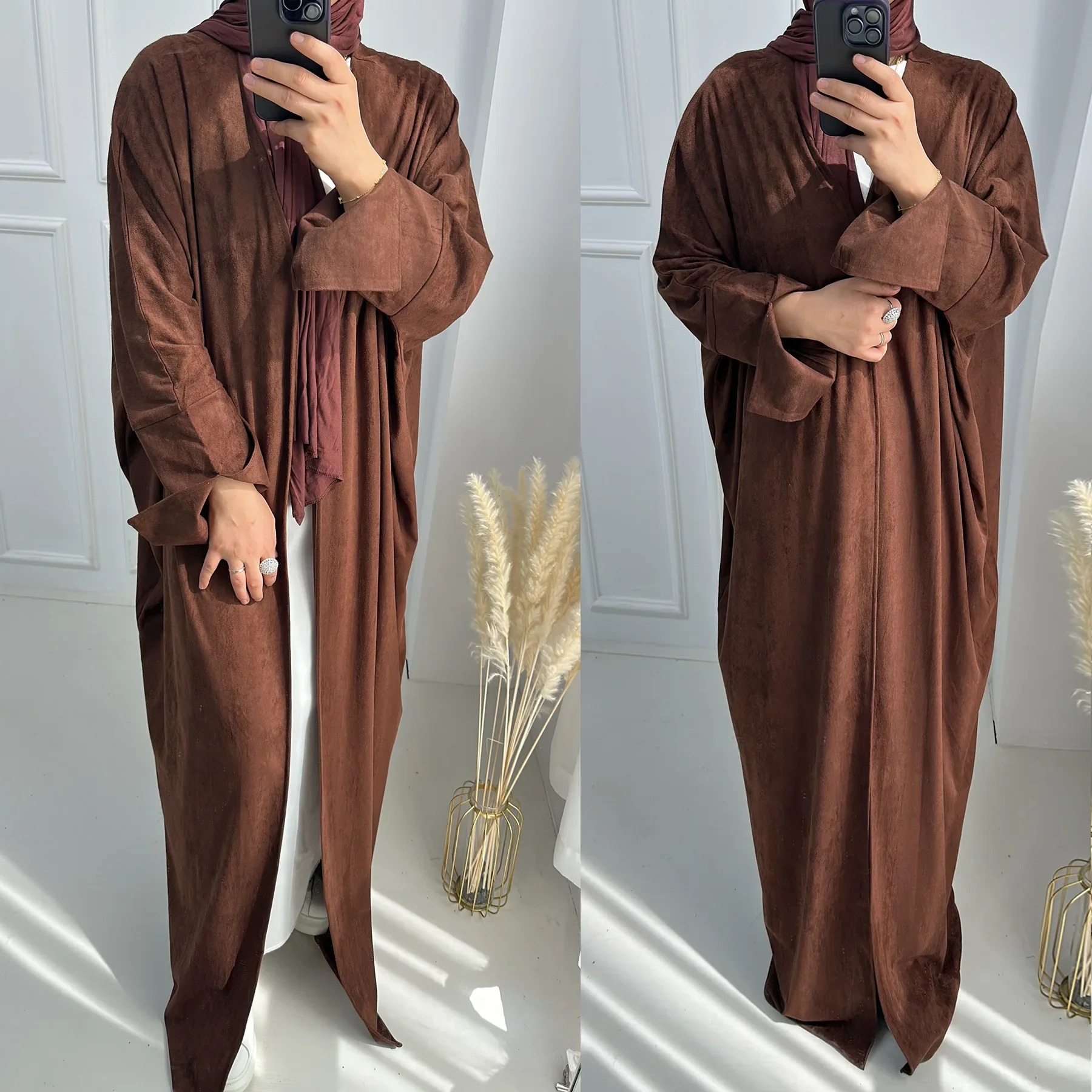 Suede Abaya Kimono Muslim Winter Dresses Open Abayas for Women Dubai Turkey Cardigan Coat Autumn Islamic Clothes Ramadan Kaftan