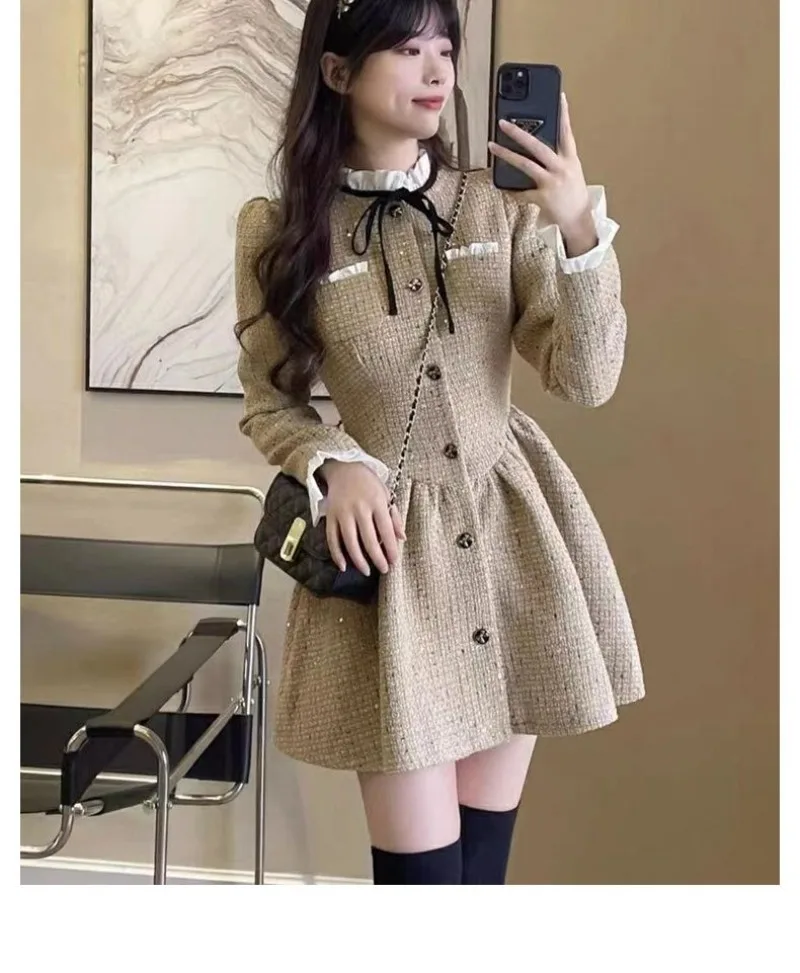 

Korean Coarse Tweed High Neck Puffy Dress Women Fashion Single Breasted Contrast Color Flounce Celebrity Sweet Slim Winter Wear