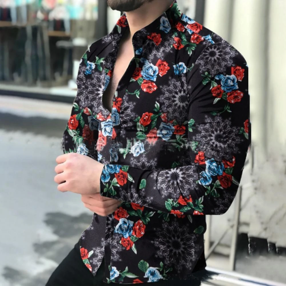 Camisas casuales estampado de flores para hombre, de manga larga, camisas de un solo pecho, camisas de hombre| | - AliExpress