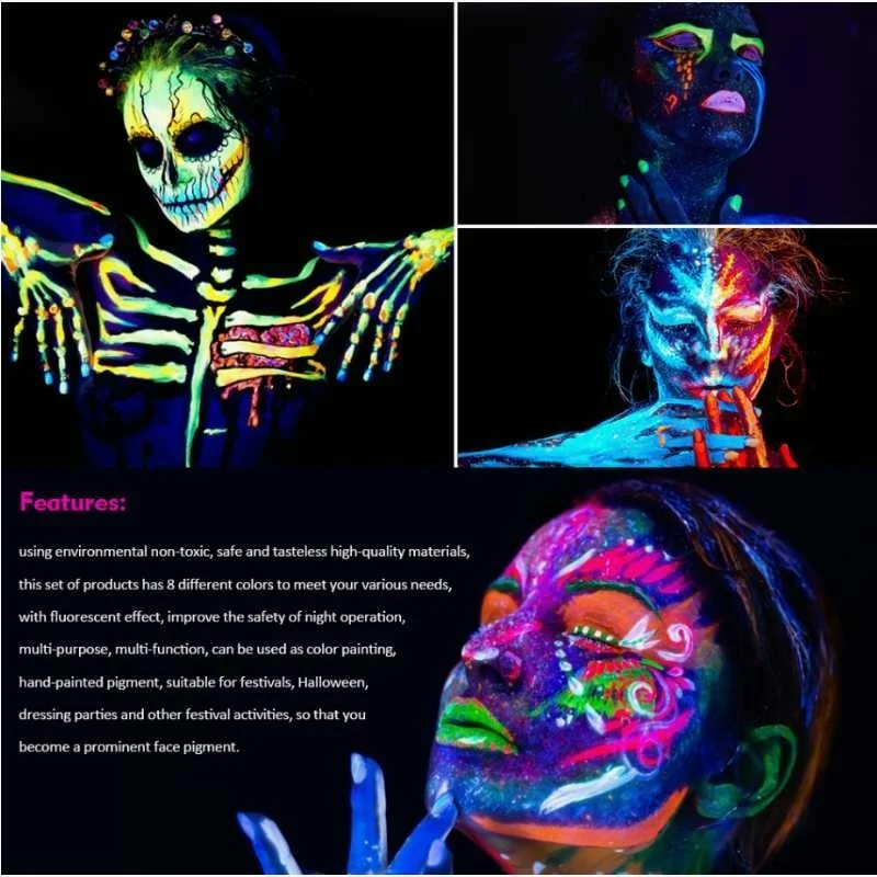 Body Face Paint Face Body Paint 7 Colors luminiscent paint Face Body Art Paint UV Glow Fluorescent Glowing Halloween Party Fancy Dress Beauty Makeup Dark Paint