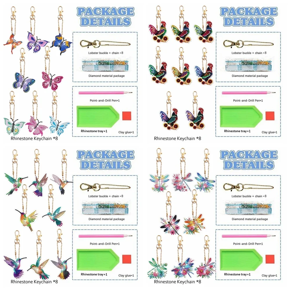 DIY Dragonfly Diamond Art Keychains 8pcs/set diamond keychains Diamond Art Butterfly Keychains Birds Painting Kits