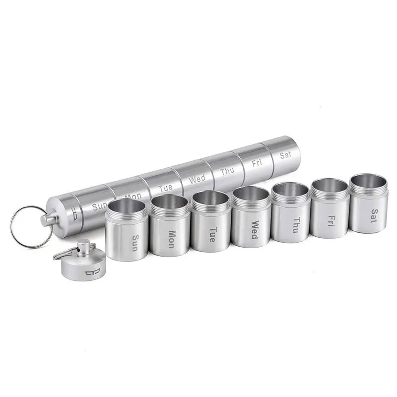 Aluminum Alloy Tube Travel Pill Box Holder Weekly Medicine Storage Organizer Container Seal Waterproof 7 Grids Medicine Case