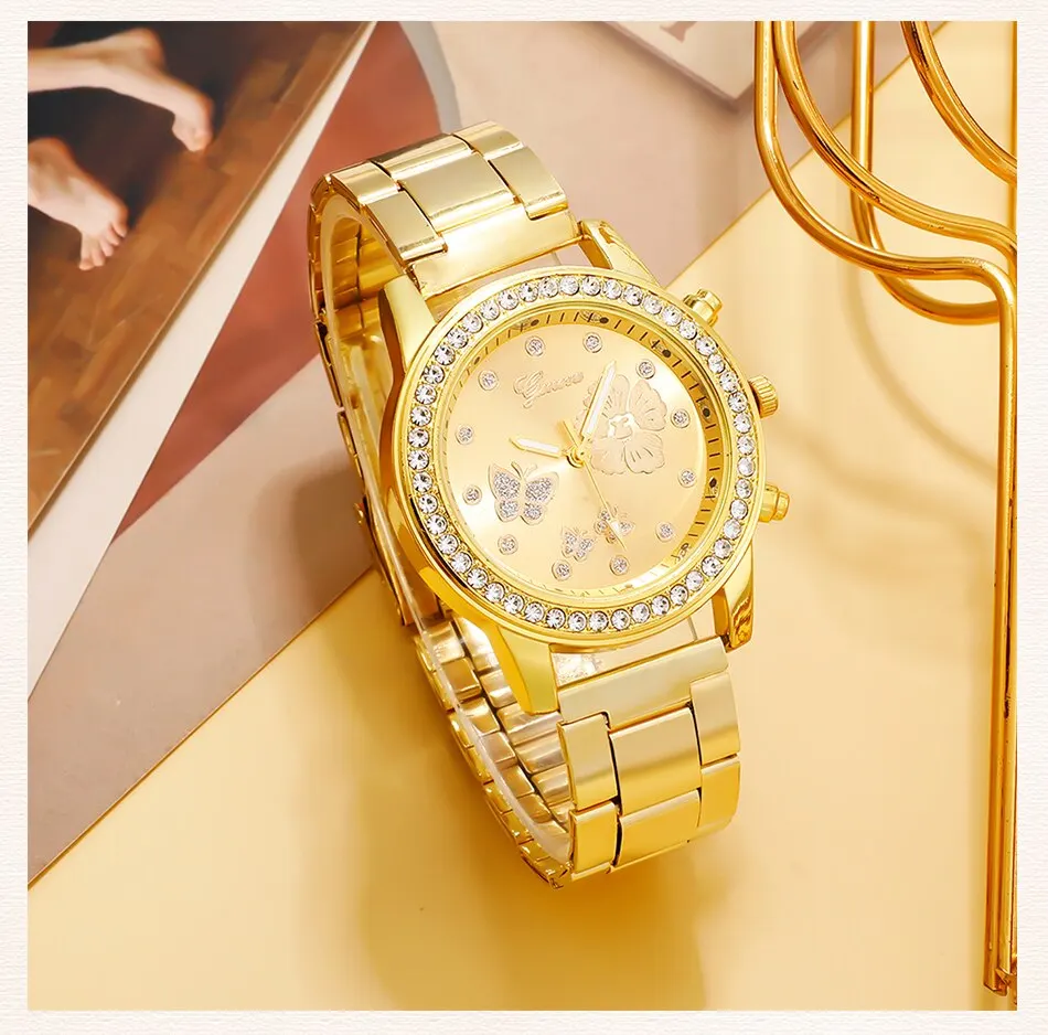 Sa7150b6473084f55806dcffd14922b97f 6PCS Set Gold Luxury Watch Women Ring Necklace Earring Rhinestone Fashion Wristwatch Casual Ladies Bracelet Watches Montre Femme Mallzona