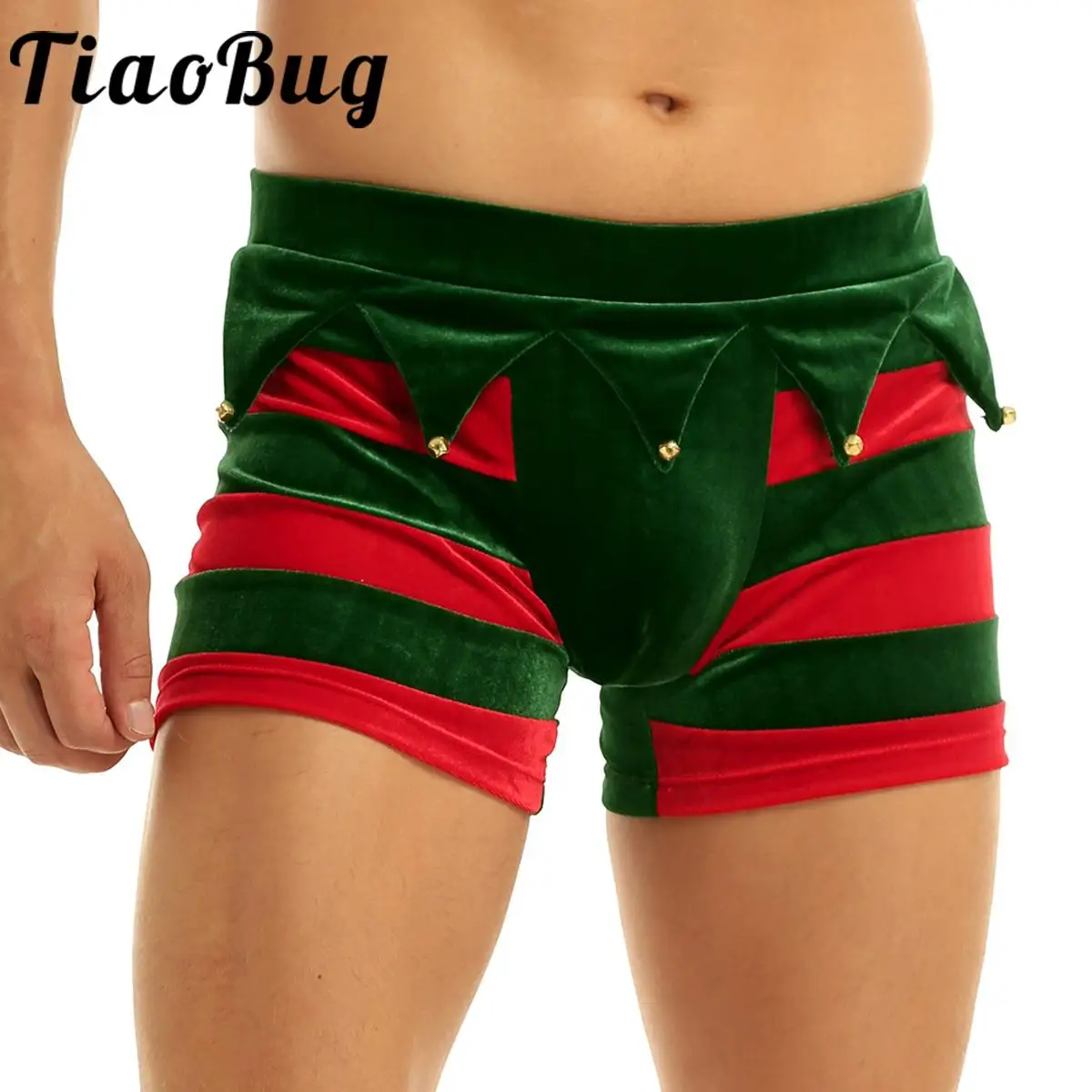 

Velvet Christmas Boxer Shorts Men's Underwear Shorts Santa Claus Christmas Costume with Bells Bulge Pouch Underpants Lingerie