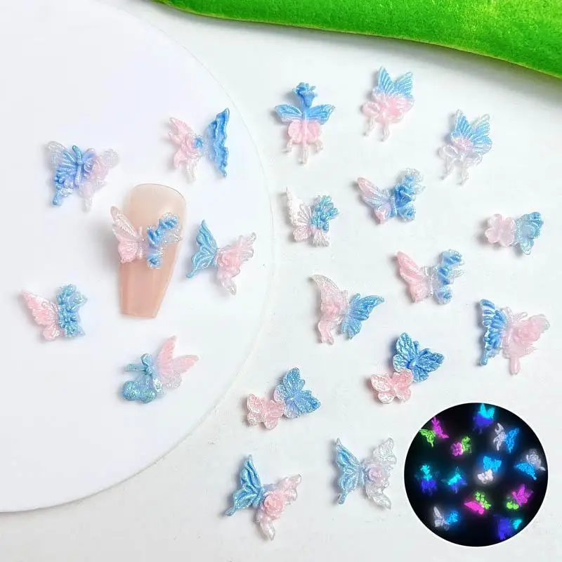 30PCS Luminous Butterfly Flower Nail Charms Dreamy Sparkling Bicolor Splicing Nail Art Decoration Accessories DIY Manicure
