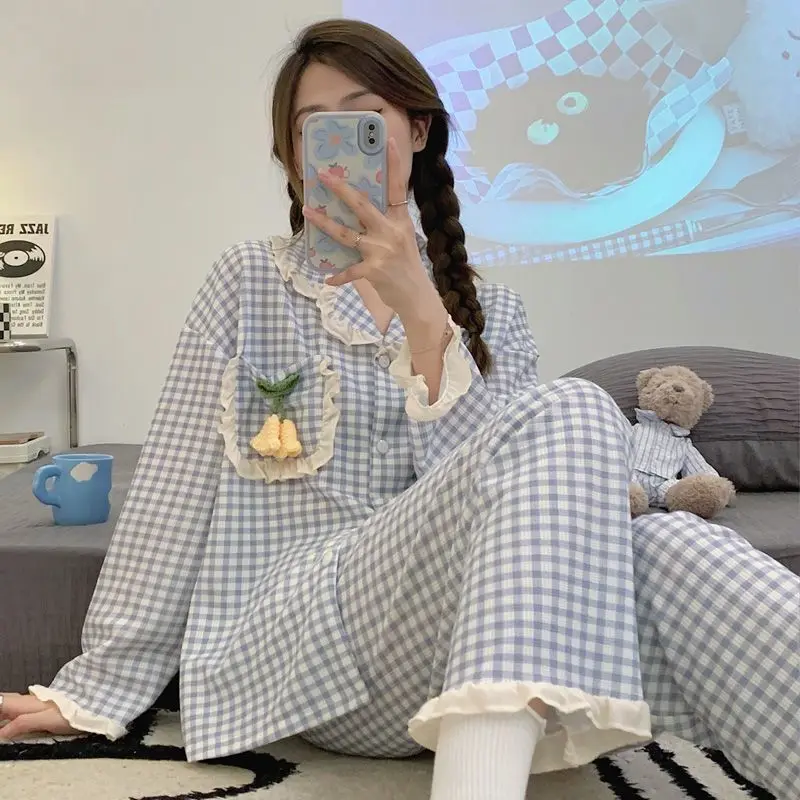Ruffled princess style pajamas women spring autumn Korean style new long-sleeved pants sweet and cute plaid home wear set chic