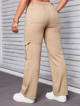 Casual Cargo Jeans Stylish Comfortable Khaki for Different Occasions, Women Straight-leg Denim Pants 2