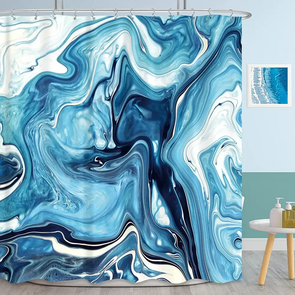 

Водонепроницаемая занавеска для душа с синим мраморным рисунком, абстрактный декор для ванной комнаты, морские волны, Современная Текстура, с геометрическими полосками