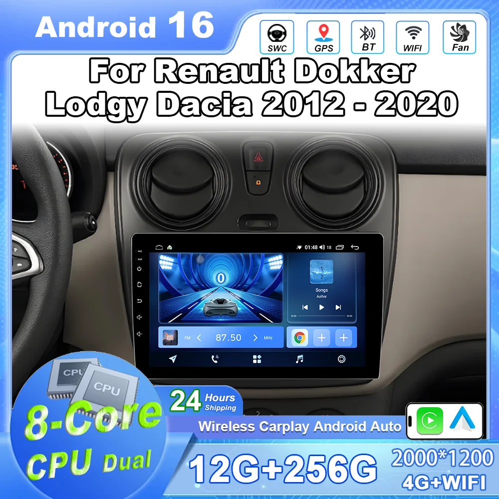 Radio para coche Android 16 para Renault Dokker Lodgy Dacia 2012-2020, reproductor Multimedia de vídeo, sin 2 din, Carplay, pantalla táctil, 8 núcleos, Wifig 1