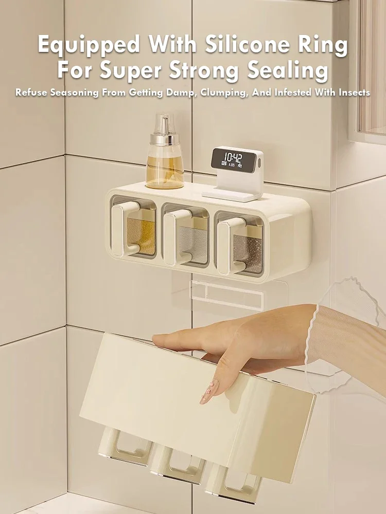 2/3 grid Kitchen Seasoning Storage Box Spice Seasoning Jar with Spoon Wall Mounted Seal Moisture-proof Clear Seasoning Box Sets