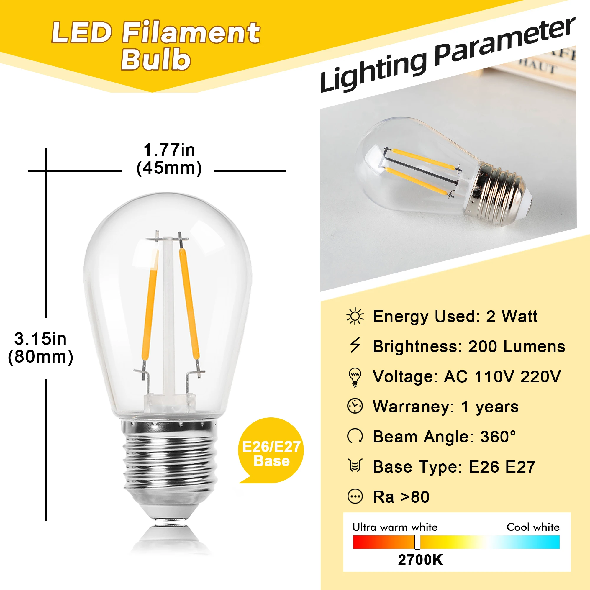 25PCS S14 LED Filament Bulbs (2W, E27, Shatterproof) 2