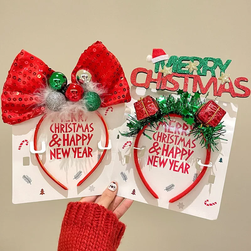 New Happy Christmas Headband INS Christmas Tree Gift Headband Bow Hair Card Cute Cartoon Photo Props Hair Accessories