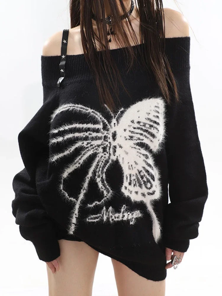 

Slash Neck Knitted Gothic Harajuku Knitwear Loose Off Shoulder Butterfly Belts Design Sweaters Streetwear Y2k Women Pull Femme