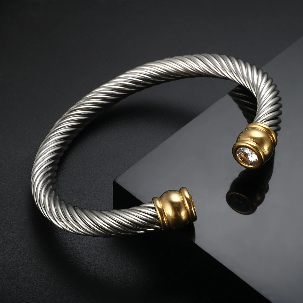 Trendy Luxury Stackable Open Cuff Bangle Cubic Zirconia Interweaving Cable Bracelet for Women Men Stainless Steel Jewelry,bangle bracelet,stainless steel bracelet,zircon bracelet,zirconia bangle