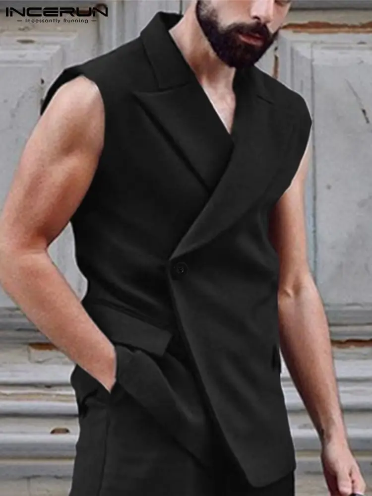 INCERUN Fashion Men Vests Solid Color Lapel Sleeveless Button Casual