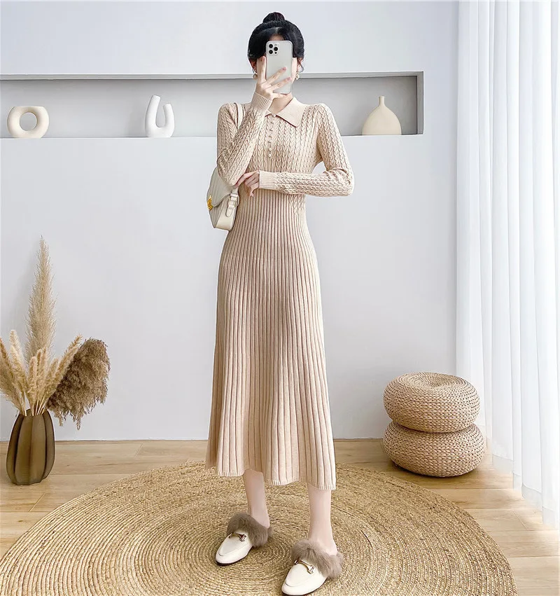 Ribbed Autumn Knit Long Dress For Women Fashion High Waist Elegant Solid Long Sleeve Dress Lapel Loose Knitwear Maxi Dress
