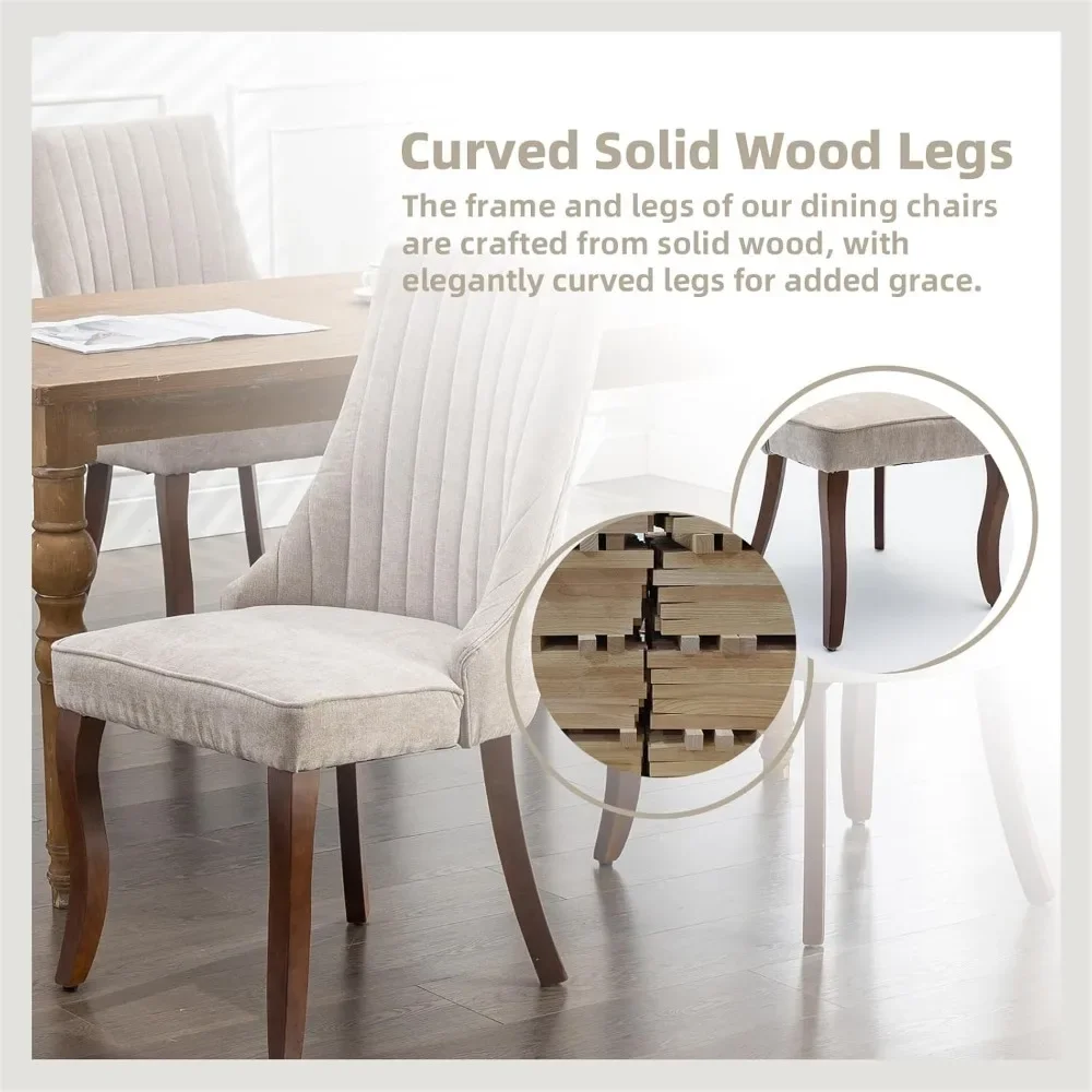 Dining Chairs Set of 6, Linen Channel Tufted Kitchen Dining Room Chair with Curved Wood Legs, Fabric Upholstered Dining Chairs 4