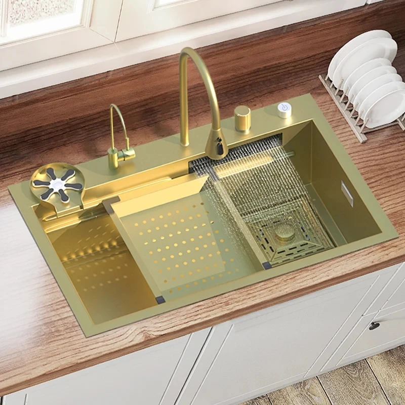 

Waterfall Kitchen Sink Gold Stainless Steel Sink Large Single Bowl Multifuctional Sink Waterfall Faucet For Kitchen Decoration