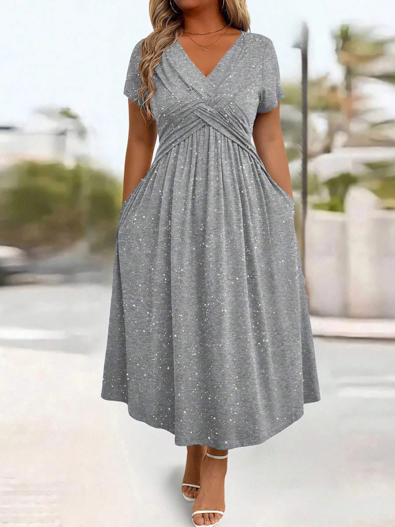 Ladies' elegant plus size powder sprinkled shiny twisted knot with pockets V-neck dress