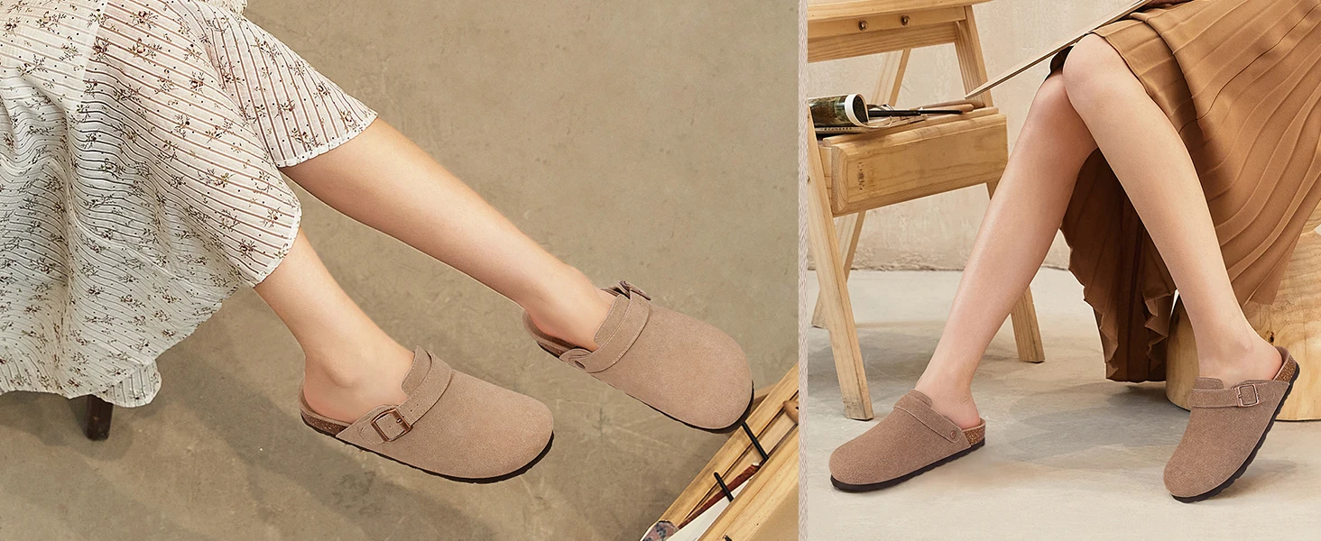 Women's Suede Mules Sandals With Arch Support And Cork Footbed_voghion.com