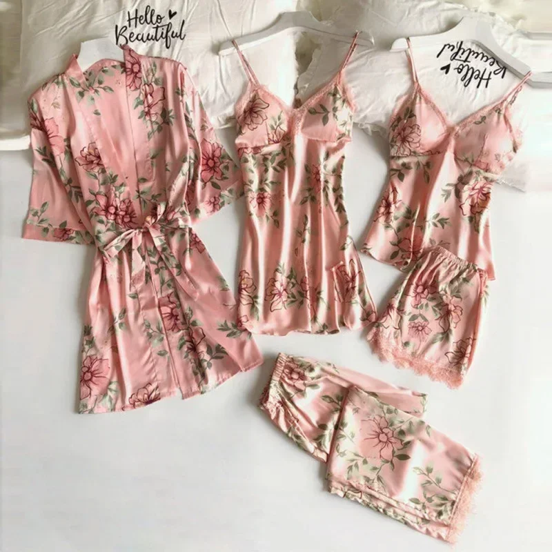 

2024 New Hot Pajamas for Women Summer Sexy Pajamas Five-piece Set Suspender Pajamas for Women Home Wear with Chest Pad Bathrobe
