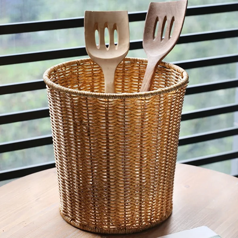 Woven Basket Trash Can Round Rattan Waste Basket With Lid Planter Woven
