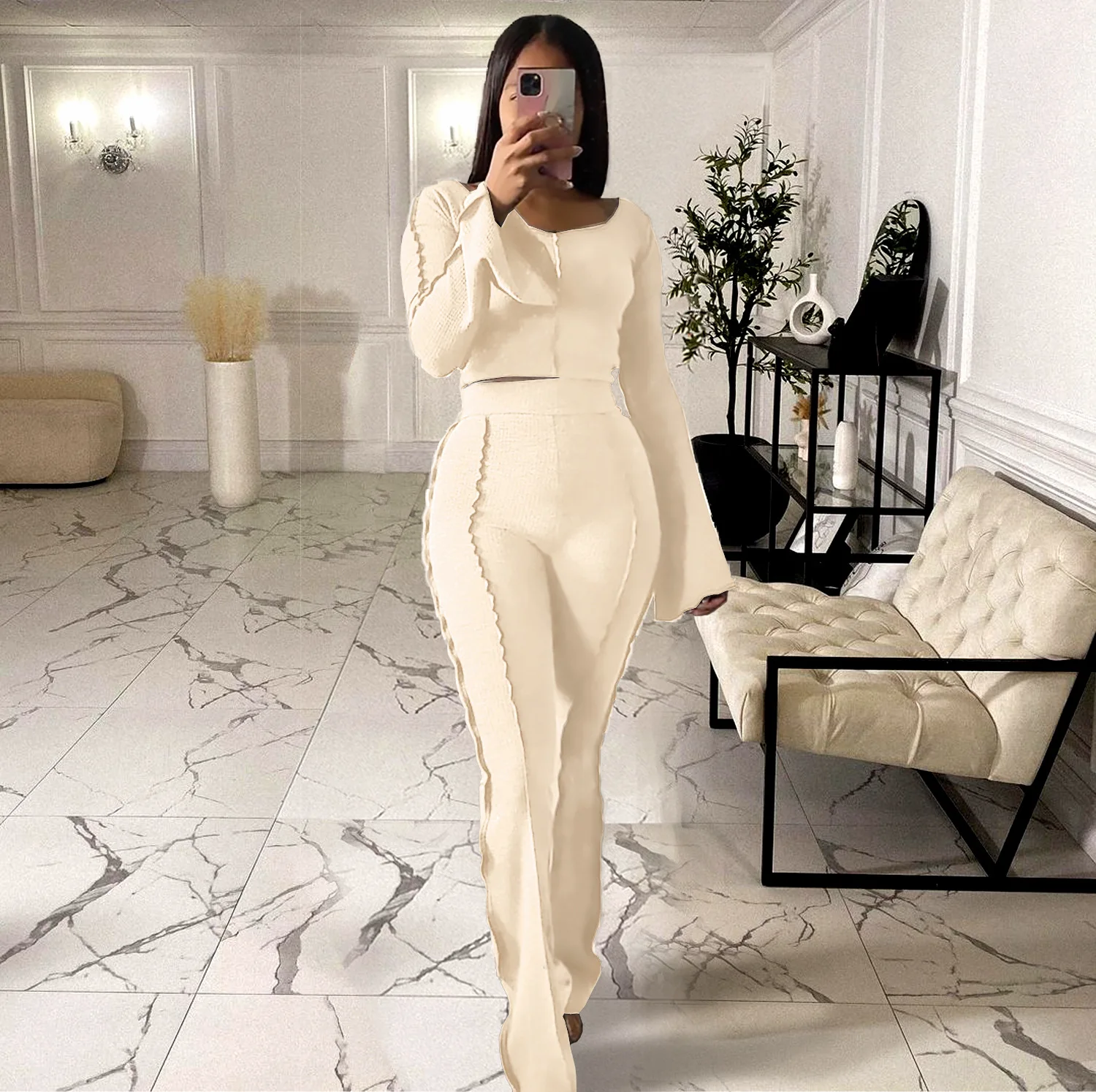 Spring 2023 Women's Two-Piece Long-Sleeved Top + Flared Pants Sports Suit Casual Lady Commuting 2-Piece Set Outfits